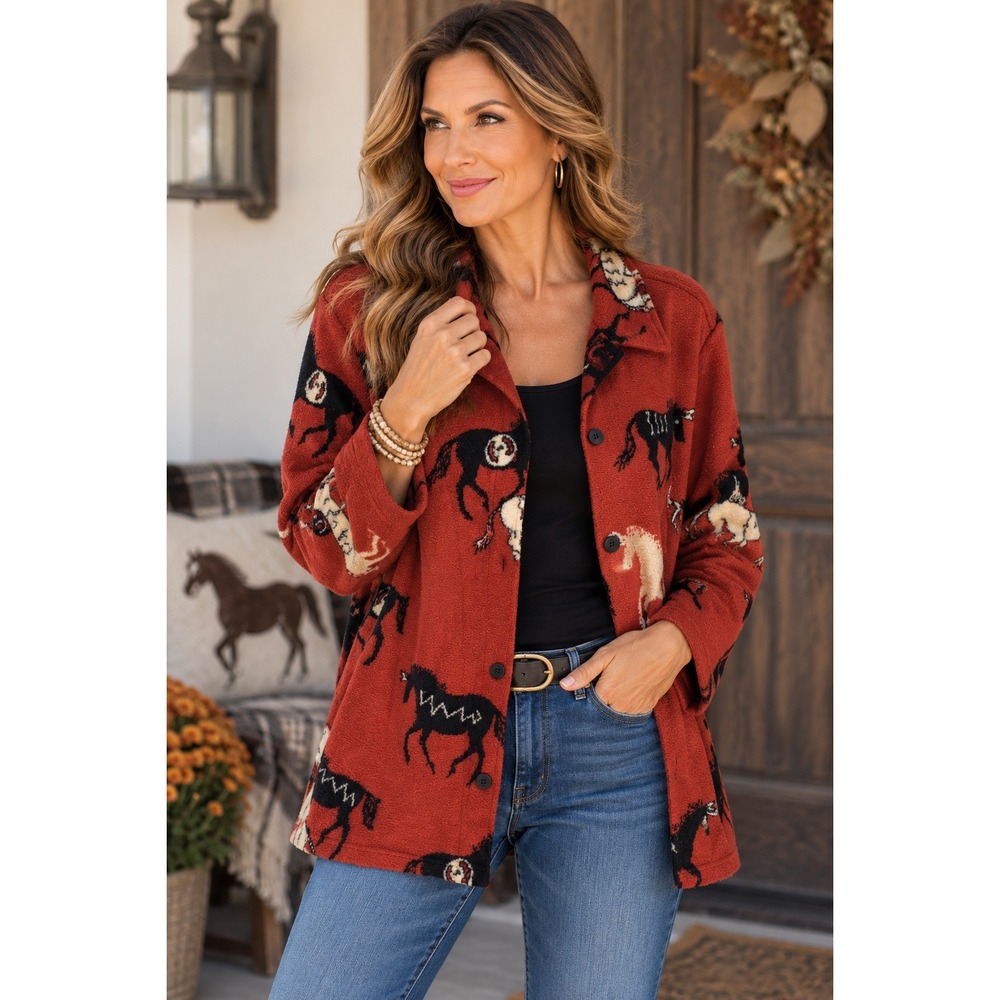 Coldwater Creek Womens XL Rust Red Horse Print Knit Button Front Cardigan Jacket